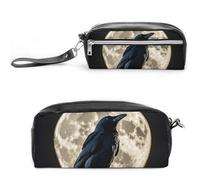 FHESDCW Trousse à crayons de grande capacité avec fermeture éclair - Étanche - Pour voyage, voyage - Corbeau noir sur la pleine lune - Trousse à crayons en cuir vintage pour homme et femme
