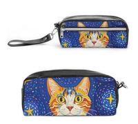 FHESDCW Trousse à crayons de grande capacité avec fermeture éclair - Étanche - Pour voyage, voyage - Motif chat regardant les étoiles - Trousse à crayons en cuir vintage pour homme et femme