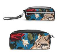 FHESDCW Trousse à crayons de grande capacité avec fermeture éclair - Étanche - Pour voyage, voyage - Motif rose rouge et trois loups - Pour homme et femme