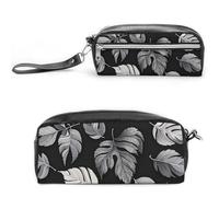 FHESDCW Trousse à crayons en cuir vintage avec fermeture éclair et motif de feuilles noires et grises - Imperméable à l'eau - Pour voyage, femme et homme