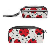 FHESDCW Trousse à crayons en cuir vintage avec fermeture éclair - Étanche - Pour voyage - Rouge et noir - Motif coccinelle à pois - Pour homme et femme