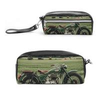 FHESDCW Trousse à crayons en cuir vintage avec fermeture éclair - Motif moto sur herbe verte - Étanche - Pour voyage - Pour homme et femme