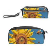 FHESDCW Trousse à crayons en cuir vintage avec fermeture éclair - Résistante à l'eau - Pour voyage, femme et homme - Motif tournesol et abeilles