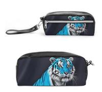 FHESDCW Trousse à crayons en cuir vintage avec fermeture éclair - Résistante à l'eau - Pour voyage, femme et homme - Motif tigre bleu