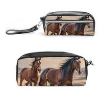 FHESDCW Trousse à crayons en cuir vintage avec fermeture éclair - Résistante à l'eau - Pour voyage, femme et homme - Motif chevaux qui courent dans le sable