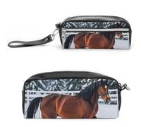 FHESDCW Trousse à crayons en cuir vintage avec fermeture éclair - Résistante à l'eau - Pour voyage - Motif chevaux dans la neige - Grande capacité - Pour homme et femme