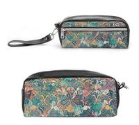 FHESDCW Trousse à crayons en cuir vintage avec motif de fleurs et de papillons - Grande capacité avec fermeture éclair - Étanche - Pour voyage, femme et homme