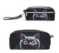 FHESDCW Trousse à crayons en forme de chat noir avec fermeture éclair, trousse à maquillage étanche à suspendre pour voyage, trousse à crayons vintage en cuir pour homme et femme