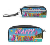 FHESDCW Trousse à crayons « Happy Birthday on The Beach » de grande capacité avec fermeture éclair, à suspendre et imperméable, trousse à cosmétiques pour voyage, trousse à crayons en cuir vintage