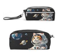 FHESDCW Trousse à crayons intéressante avec motif chat astronaute de grande capacité avec fermeture éclair, trousse à maquillage étanche à suspendre pour voyage, trousse à crayons en cuir vintage pour