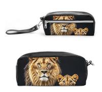 FHESDCW Trousse à crayons mère lion et jeune lion de grande capacité avec fermeture éclair, trousse à maquillage étanche à suspendre pour voyage, trousse à crayons en cuir vintage pour homme et femme