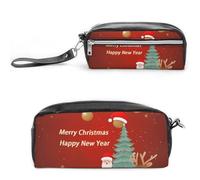 FHESDCW Trousse à crayons « Merry Christmas And Happy New Year » de grande capacité avec fermeture éclair, à suspendre et imperméable, pour voyage, trousse à crayons en cuir vintage pour homme et