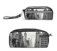 FHESDCW Trousse à crayons New York noire et blanche de grande capacité avec fermeture éclair, trousse à maquillage étanche à suspendre pour voyage, trousse à crayons en cuir vintage pour homme et