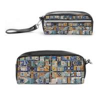 FHESDCW Trousse à crayons nostalgique en mosaïque marbrée de grande capacité avec fermeture éclair, trousse à maquillage étanche à suspendre pour voyage, trousse à crayons vintage en cuir pour homme
