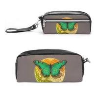 FHESDCW Trousse à crayons Sun And Moon Green Moth - Grande capacité avec fermeture éclair - Résistante à l'eau - Pour voyage - En cuir vintage - Pour homme et femme
