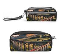 FHESDCW Trousse à crayons Sunset Over Elevated Bridge de grande capacité avec fermeture éclair, trousse à maquillage étanche à suspendre pour voyage, trousse à crayons en cuir vintage pour homme et