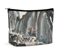 FHESDCW Trousse de maquillage de peinture de paysage chinois pour femme en cuir synthétique étanche avec fermeture éclair - Organiseur de maquillage portable de voyage