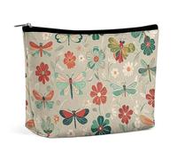 FHESDCW Trousse de maquillage en cuir synthétique imperméable avec fermeture éclair - Motif fleurs et libellules rouges et vertes