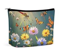 FHESDCW Trousse de maquillage en cuir synthétique imperméable avec fermeture éclair - Motif libellules - Pour femme - Motif fleurs et plantes