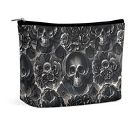 FHESDCW Trousse de maquillage en cuir synthétique imperméable avec fermeture éclair pour femme - Pivoine noire - Motif tête de mort