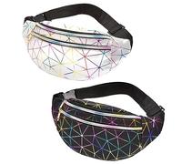 Fhioevt 2 Pièces Sac Banane Femme Chic Sacoche Banane Ville Unisexe à Effet Holographique Sac Banane Brillant Sacs Banane Ville Sacoche Ceinture Homme pour Randonnée,Sport,Voyage,Camping (Noir/Argent)