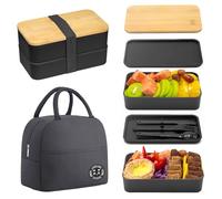 Fhioevt Bento Lunch Box 2 Couches Boite Repas Compartiment 1200 ml Lunchbox Hermétique avec Couverts Kit et Sac Isotherme Repas Boite Bento pour Adultes Enfants Pique-Niques Travail L'école (Noir)