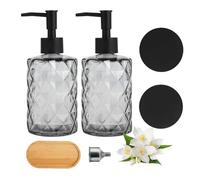 FHISKUNYU 2 Pcs Distributeur de Savon en Verre 330 ML, Flacon Pompe Rechargeable en Verre avec Tête en Acier Inoxydable, Distributeur pour Lotion, Gel Douche, Shampooing, Cuisine et Salle de Bain