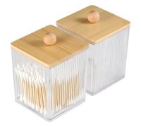 FHISKUNYU 2 Pièces Distributeur de Coton-Tige en Acrylique Renforcé avec Couvercle en Bambou - Organisateur Salle de Bain Multifonctionnel Anti-Poussière pour Cotons, Cosmétiques et Accessoires