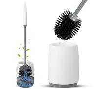 FHISKUNYU Brosse Toilettes WC Silicone avec Tête Olivaire 360°, Socle Double Épaisseur 10 cm et Bac de Rétention - 42 cm (47 cm avec Socle)