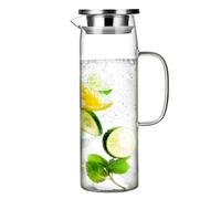 FHISKUNYU Carafe d'Eau en Verre Borosilicaté 1,5 L - Pichet avec Couvercle Résistant à la Chaleur (-20°C à +150°C), Poignée en Acier Inoxydable et Design Épuré