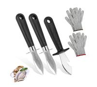 FHISKUNYU Ensemble de 3 Couteaux à Huîtres Professionnels et 1 Paire de Gants Gris Résistants - Ouvre-Huîtres et Protection pour Coquillages, Fromages, Cuisine (Gris)
