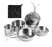 FHISKUNYU Kit de Casserole Camping en Acier Inoxydable, 5pcs Popote Bivouac Compact avec Gamelle et Vaisselle pour Randonnée, Pêche, Outdoor