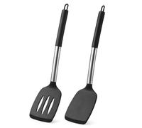 FHISKUNYU Spatule en Silicone de Cuisine 2 Pièces - Ustensiles de Cuisine Anti-Adhésif, Design Évidé pour Égoutter, Poignée Confortable avec Trou de Suspension, Silencieux & Résistant à la Chaleur