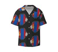 FHIZOAL Chemise décontractée à manches courtes pour homme avec drapeau mongol et col cubain classique pour vacances, plage, fête, yacht, Noir , XXL