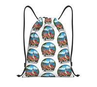FHIZOAL Croatie Village pittoresque avec cordon de serrage Sacs à dos de sport étanches Sac à dos léger Yoga Entraînement Natation Voyage, Noir , M, Décontracté
