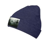 FHIZOAL Green Tree Misty Landscape Bonnet tricoté classique à revers extensible, chaud et doux, cadeau de sport de plein air pour homme et femme, bleu marine, Taille unique