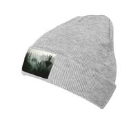 FHIZOAL Green Tree Misty Landscape Bonnet tricoté classique à revers extensible, chaud et doux, cadeau de sport de plein air pour homme et femme, gris, Taille unique