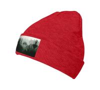 FHIZOAL Green Tree Misty Landscape Bonnet tricoté classique à revers extensible, chaud et doux, cadeau de sport de plein air pour homme et femme, Rouge, Taille unique