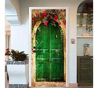 FHKGIUJAD Autocollant De Porte Auto-Adhésif Porte Image 3D Vert Porte En Bois Fleurs Photo Papier Peint Porte Affiche Papier Peint Pvc Étanche Amovible Peintures Murales 88X200Cm