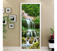 FHKGIUJAD Porte Autocollante 3D Vert Arbres Cascade 3D Stickers Porte Interieure Trompe L'Oeil Poster Mural Effet Décoration Salon Cuisine Chambre Salle De Bain Papier Peint 77X200Cm