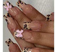 Fhkpsqkcn Lot de 24 faux ongles en acrylique à impression léopard - Manucure, manucure française - Presse brillante sur ongles - Pour femme