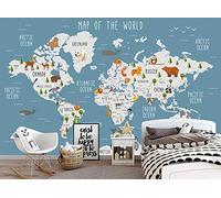 FHOMEY Papier peint Fresques 3D Décoration Murale Dessin Animé Peint À La Main Monde Carte Animale Chambre D'Enfants Fond Mural Mur Parc Animalier Papier Peint-200 * 140 Cm