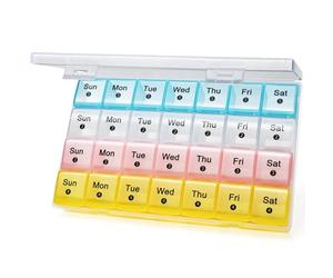 FHORAIN Pilulier Mensuel 28 Jours, Organisateur Hebdomadaire 4 Semaines, Grande Capacité pour Vitamines et Compléments, 7 Jours, Multicolore, 9.4 x 5.8 x 1.4 Pouces (Casier blanc + multicolores)