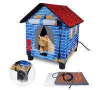 FHTONGE Niche chauffante surélevée pour chats d'extérieur en hiver, abri chauffant résistant aux intempéries avec 2 tapis, niche pour chat errant isolée pour petits animaux sauvages à l'extérieur