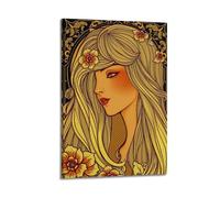 fhujgg ArtNouveau Impression sur toile avec fleurs aux cheveux dorés pour salon, chambre à coucher, 20 x 30 cm, style cadre