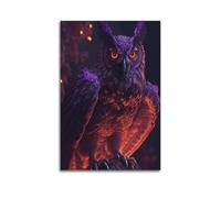 fhujgg Poster animal fantaisie hibou violet/orange avec plumes lumineuses, poster d'art mural sur toile pour salon, chambre à coucher, 60 x 90 cm, style sans cadre