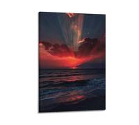 fhujgg Poster de paysage, coucher de soleil enflammé, rayons sur l'océan, oiseaux sur toile, décoration murale esthétique pour salon, chambre à coucher, 50 x 75 cm, style cadre