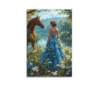 fhujgg Poster de personnage fille et cheval au bord de la rivière en fleurs - Art mural esthétique sur toile pour salon, chambre à coucher - 30 x 45 cm - Style sans cadre
