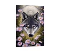 fhujgg Poster d'illustration d'animal loup parmi marguerites roses - Art mural esthétique sur toile pour salon, chambre à coucher - 40 x 60 cm - Style cadre