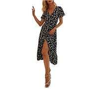 Fhuulyy Robe Portefeuille Femme Imprimé Bohème Florale Femme Chic Mi-Longue Robe à Volants Fendue Col en V Cache Coeur à Manches Courtes (Noir, XL)